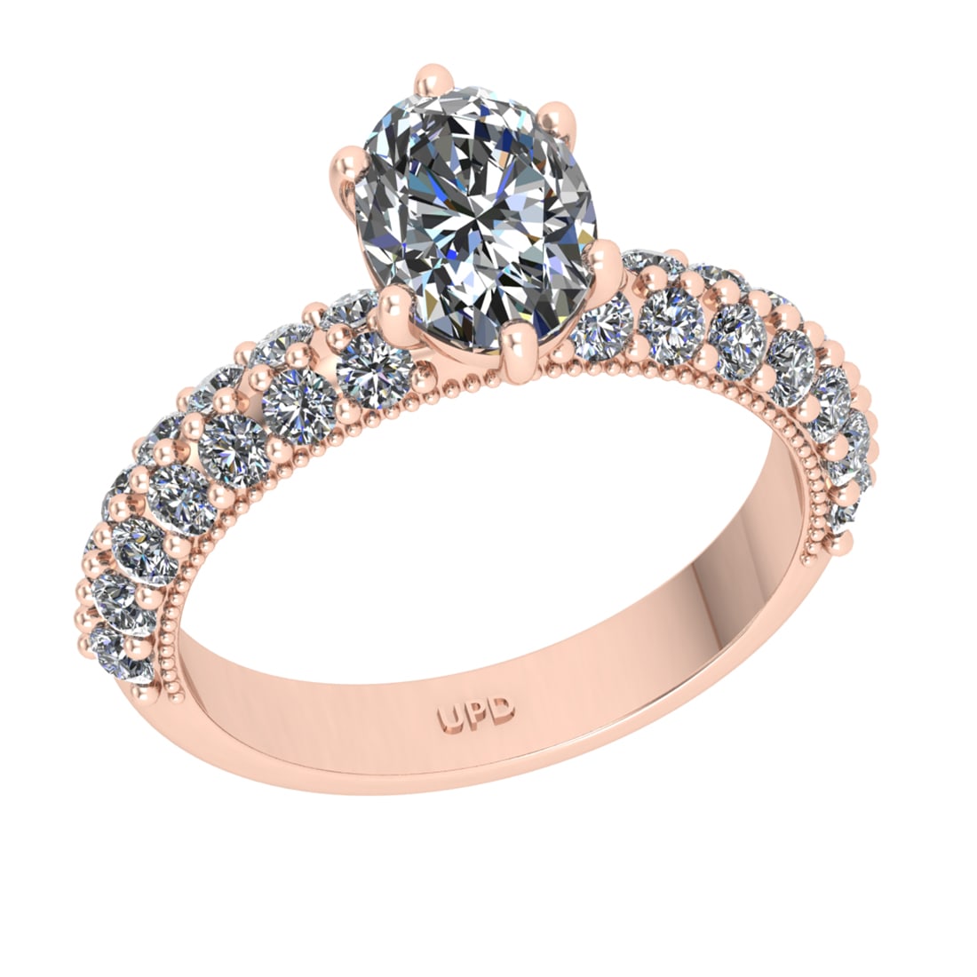 2.34 Ctw HRD Certificate Diamond Set 14K Rose Gold Engagement Ring: HRD Certificate Center Diamond Weight : 1.50 Ctw (Oval Cut) Center Diamond Color : J Setting : Prong Clarity : SI2 Side Stone Weight Of Ctw 0.84 Ctw Side Stone Color : J-K Stone Clarity : SI2/I1 Stone