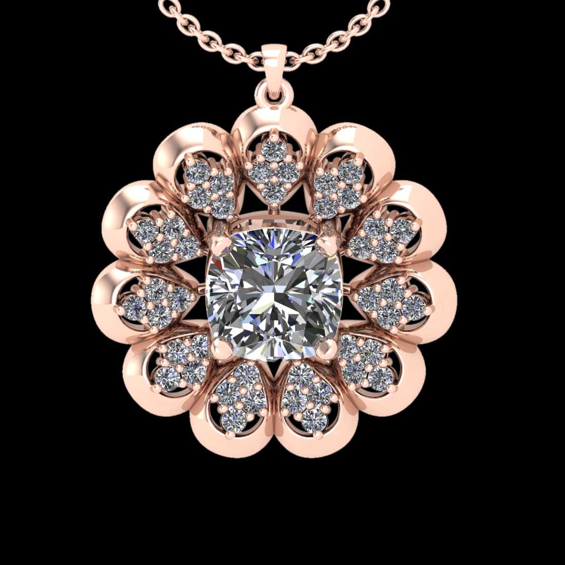 3.54 Ctw SI2/I1 Diamond 18K Rose Gold Pendant Necklace: Center Diamond Weight : 2.00 Ctw (Cushion Cut) Center Diamond Color :-J-K Setting : Prong Side Weight Of Ctw 1.54 Ctw Color : J-K Clarity : SI2/I1 Stone Setting : Prong Metal Weight : Approx 12.20 gra