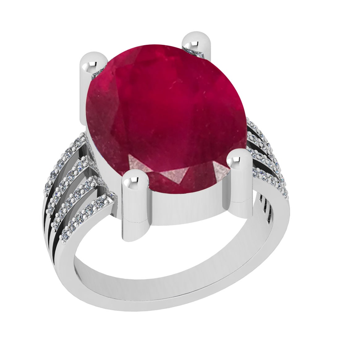 9.62 CtwSI2/I1 Ruby And Diamond 14K White Gold Cocktail Ring: Center Stone Weight : 9.42 Ctw ( Oval Cut ) Center Stone Color : Ruby Stone Setting : Prong Side Diamond Weight Of Ctw 0.20 Ctw Side Stone Color : J-K Stone Clarity :SI2/I1 Stone Setting : Prong Metal