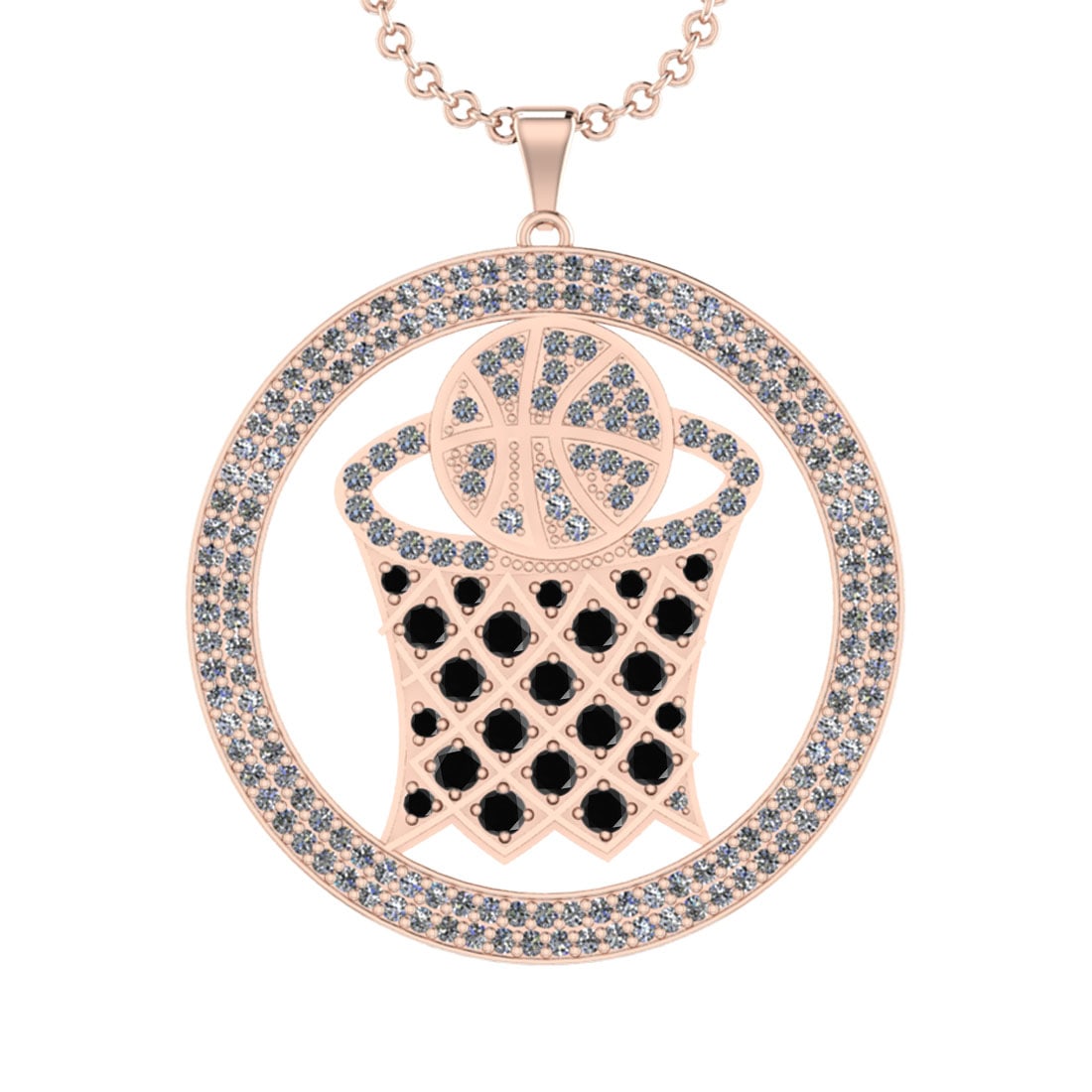 6.73 Ctw Treated Fancy Black Diamond 14K Rose Gold Baseketball theme Pendan: Center Diamond Weight : 1.68 Ctw (Round Cut) Center Color :-Treated Fancy Black Diamond Clarity : I2/I3 Setting : Prong Side Weight Of Ctw 5.05 Ctw Color : J-K Clarity : I2/I3 Stone Setting : Prong Me