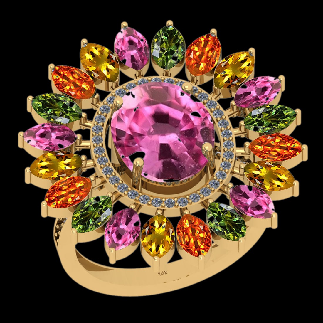4.16 Ctw SI2/I1 Multi Sapphire And Diamond 14K Yellow Gold Ring: Multi Stone Weight : 3.91 Ctw (Oval & Marquise cut) Multi Stone Color : Yellow,Green,Orange Sapphire Stone Setting : Prong Side Stone Weight Of Ctw 0.25 Ctw Side Stone Color : J-K Stone Clarity : SI2/