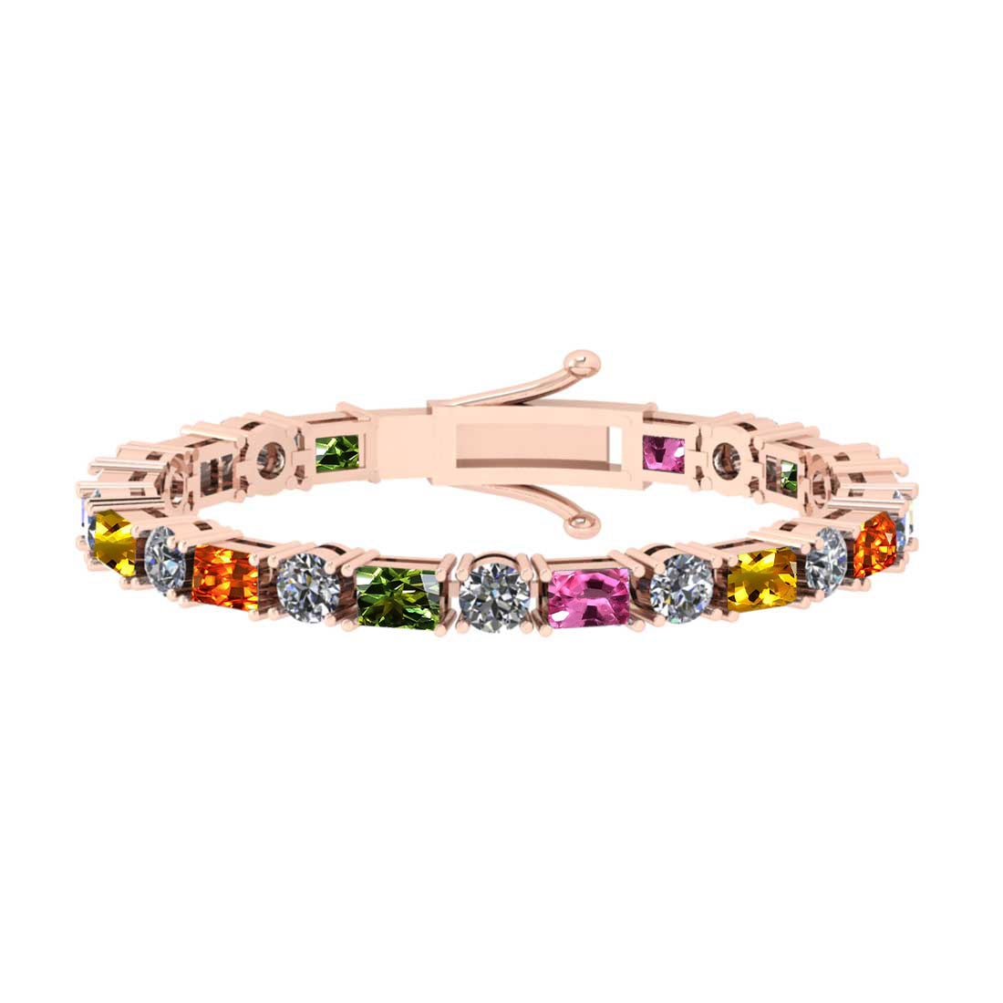 9.00 Ctw VS/SI1 Multi Stone Sapphire And Diamond 14K Rose Gold Bracelet: Multi Stone Weight : 4.00 Ctw ( Emerald Cut ) Multi Stone Color :- Pink,Yellow Green,Orange Sapphire Stone Setting : Prong Side Diamond Weight Of Ctw 5.00 Ctw (Round Cut) Side Stone Color : J-K Stone 