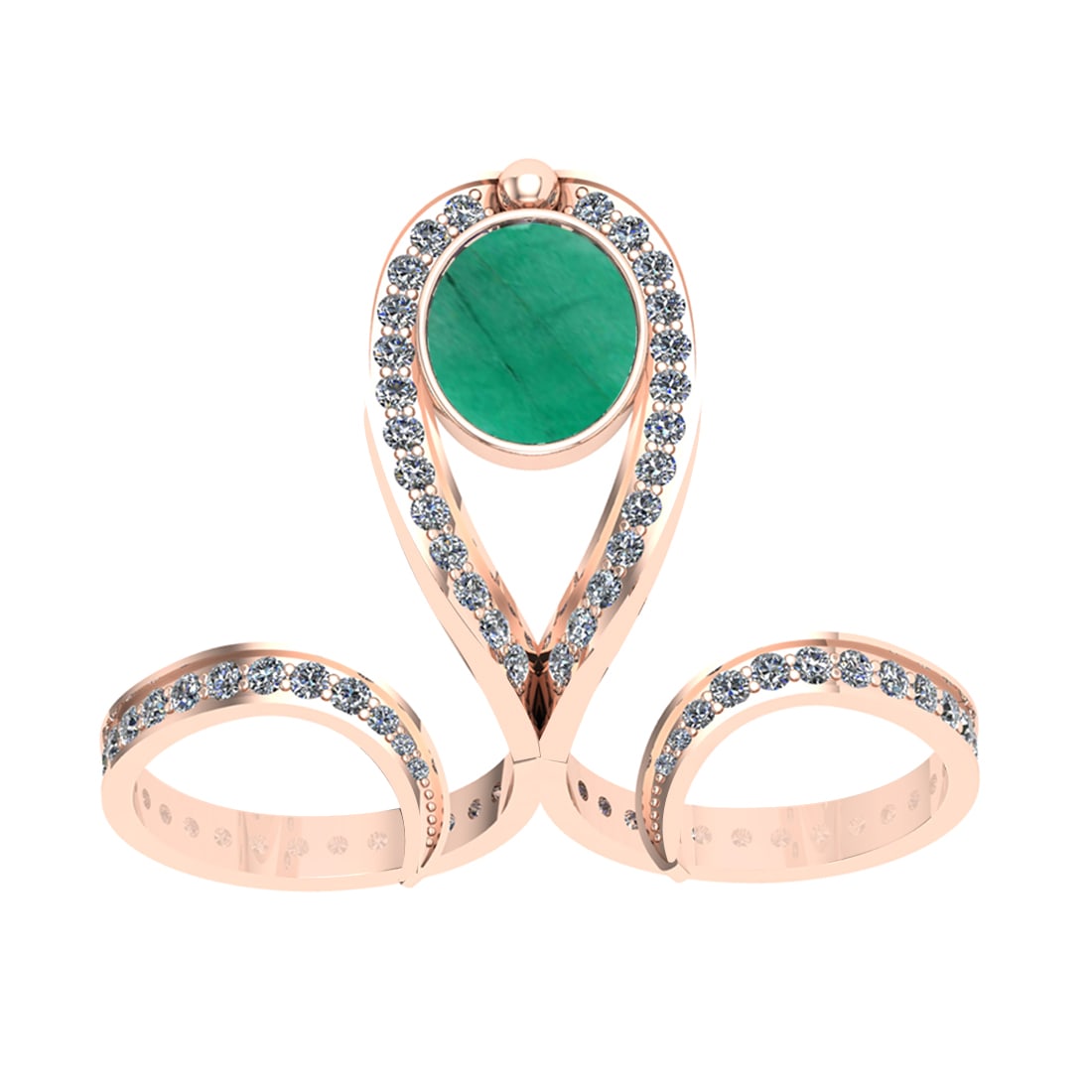 7.00 Ctw SI2/I1 Emerald and Diamond 14K Rose Gold Double Ring: Color Stone Weight : 4.50 Ctw ( Oval Cut) Stone Color :- Emerald Center Stone Setting : Prong Total Weight Of Ctw 2.50 Ctw Color : J-K Clarity : SI2/I1 Stone Setting : Prong Metal Weight : Approx 8.40