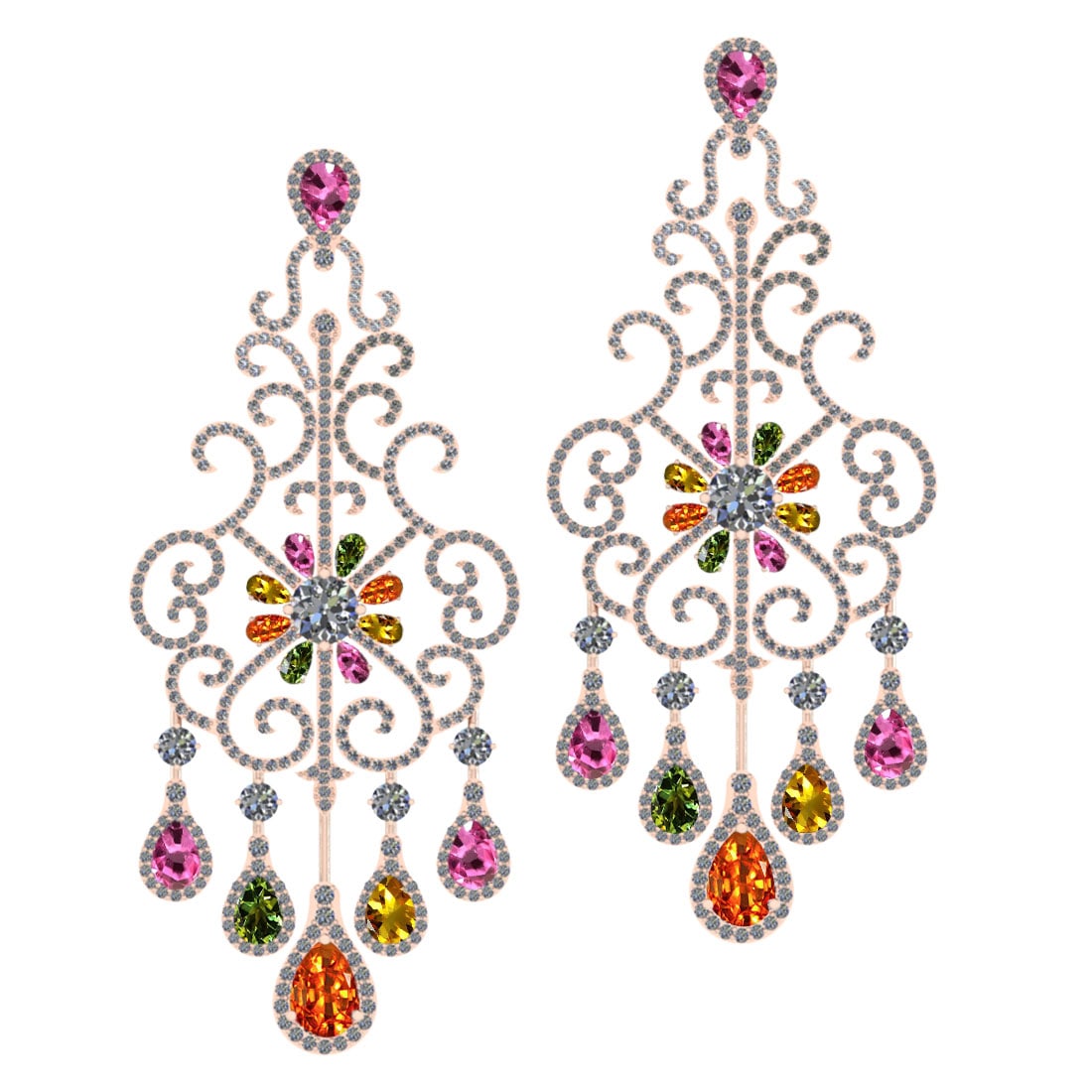 24.00 Ctw VS/SI1 Multi Stone Sapphire And Diamond 14K Rose Gold Dangling Ea: Multi Stone Weight : 14.50 Ctw ( Pear Cut ) Multi Stone Color :- Pink,Yellow Green,Orange Sapphire Stone Setting : Prong Side Diamond Weight Of Ctw 9.50 Ctw Side Stone Color : J-K Stone Clarity : VS/S