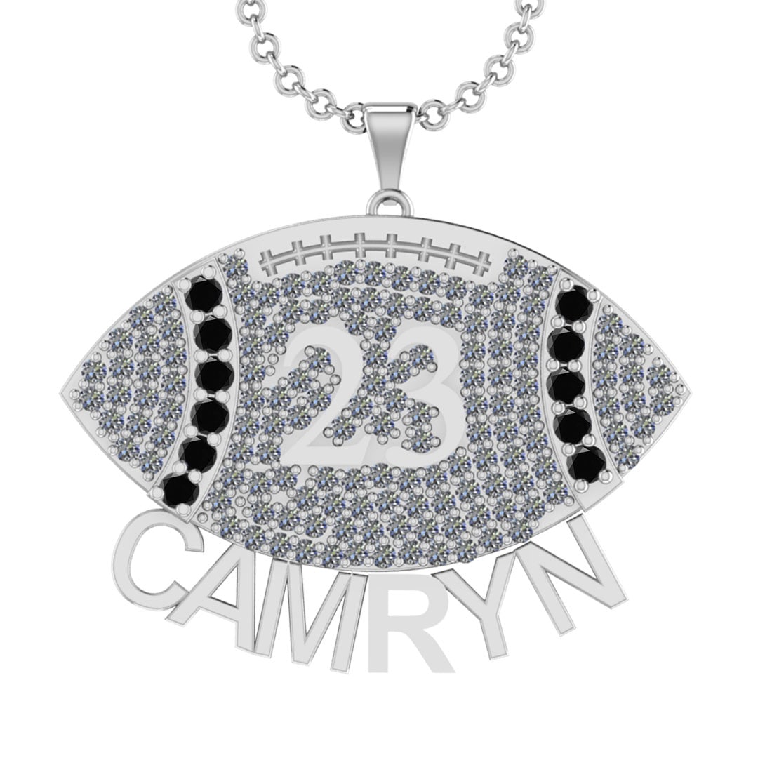 6.00 Ctw Treated Fancy Black Diamond 14K White Gold football theme Pendant: Center Diamond Weight : 1.10 Ctw (Round Cut) Center Color :-Treated Fancy Black Diamond Clarity : I2/I3 Setting : Prong Side Weight Of Ctw 4.90 Ctw Color : J-K Clarity : I2/I3 Stone Setting : Prong