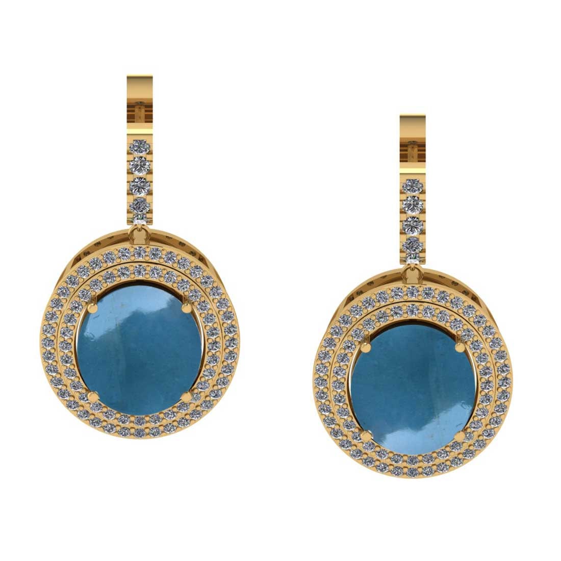 9.91 Ctw SI2/I1 Aquamarine And Diamond 14K Yellow Gold Earrings: Center Stone Weight : 8.80 Ctw (2 Pec Oval cabochon ) Center Stone Color : Aquamarine Stone Setting : Prong Side Stone Weight Of Ctw 1.11 Ctw Side Stone Color : G-H Stone Clarity : SI2/I1 Stone Settin