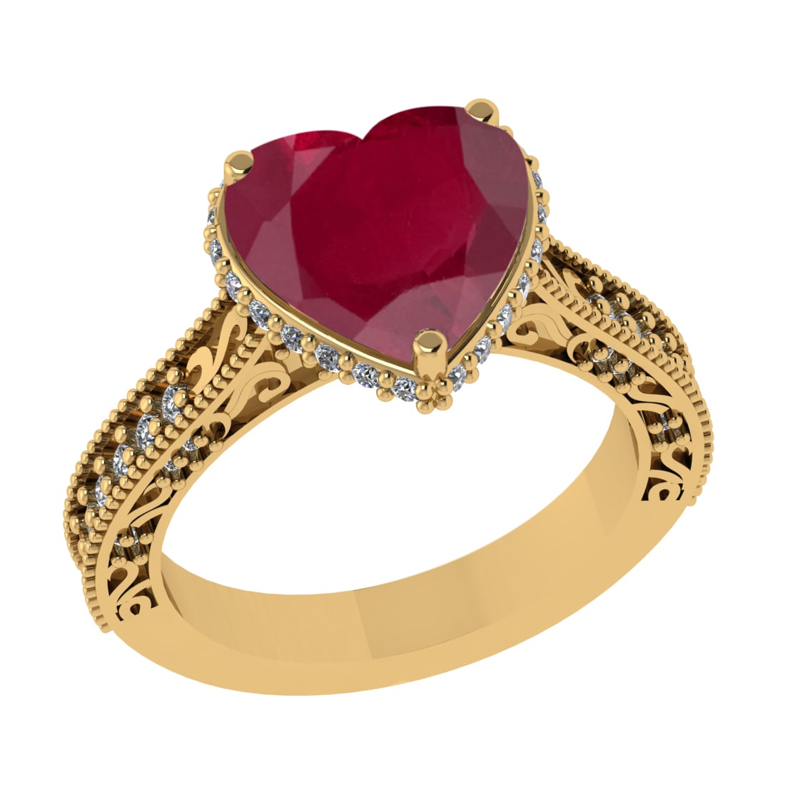 3.04 Ctw SI2/I1 Ruby and Diamond 14K Yellow Gold Engagement Ring: Color Stone Weight : 2.50 Ctw ( Heart Cut) Stone Color :- Ruby Center Stone Setting : Prong Side Weight Of Ctw 0.54 Ctw Color : J-K Clarity : SI2/I1 Stone Setting : Prong Metal Weight : Approx 6.30 gr