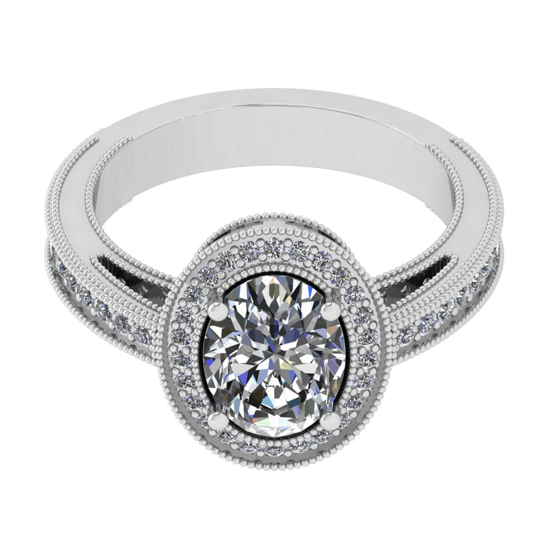 1.80 Ctw SI2/I1Diamond 14K White Gold Engagement Ring: Center Diamond Weight : 1.50 Ctw (Oval Cut) Center Diamond Color : J-K Center Stone Setting : Prong Center Stone Clarity : SI2/I1Side Stone Weight Of Ctw 0.30 Ctw Side Stone Color : J-K Stone Clarity 