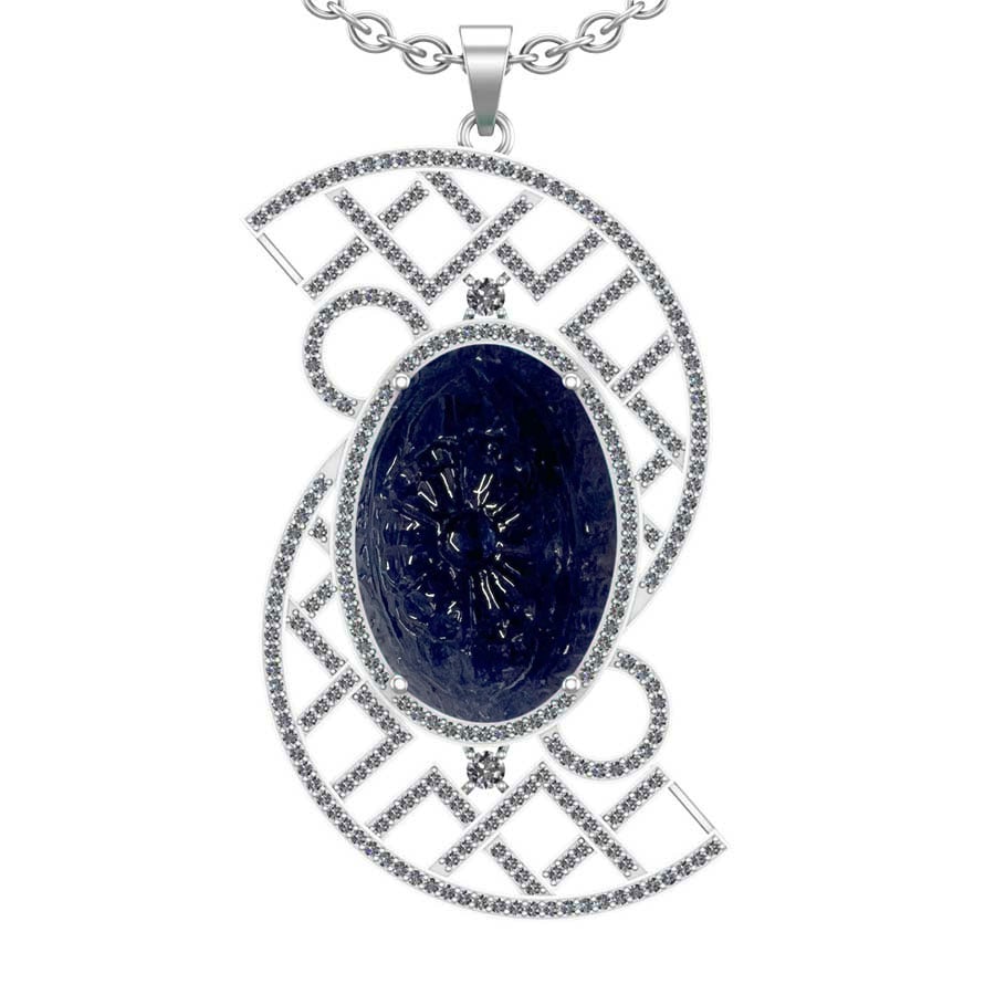 67.44 Ctw SI2/I1 Tanzanite and Diamond 14K White Gold Pendant Necklace: Center Stone Weight : 65.00 Ctw (Oval cab ) Center stone Color :- Tanzanite Setting : Prong Side Weight Of Ctw 2.44 Ctw Color : J-K Clarity : SI2/I1 Stone Setting : Prong Metal Weight : Approx 15.20 g