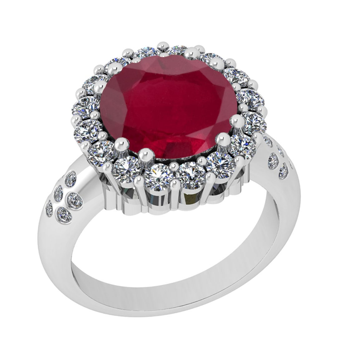 4.30 Ctw VS/SI1 Ruby And Diamond 14K White Gold Engagement Halo Ring: Center Stone Weight : 3.00 Ctw ( Round Cut ) Center Stone Color : Ruby Stone Setting : Prong Side Diamond Weight Of Ctw 1.30 Ctw Side Stone Color : J-K Stone Clarity : VS/SI1 Stone Setting : Prong Met