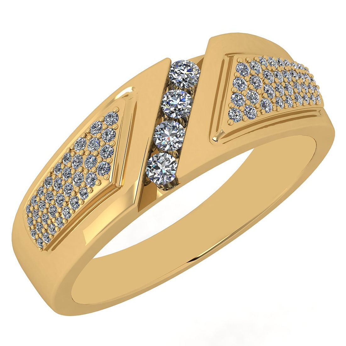 0.68 Ctw SI2/I1 Diamond 14K Yellow Gold Men s Band Ring: Center Diamond Weight : 0.27 Ctw (4 Pec Round Cut) Center Diamond Color : J-K Center Stone Setting : Prong Center Stone Clarity : SI2/I1 Side Stone Weight Of Ctw 0.41 Ctw Side Stone Color : J-K Stone 