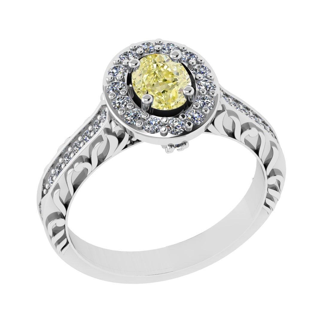 0.99 Ctw GIA Certified Fancy Yellow Diamond 14K White Gold Engagement Halo: GIA Certified Center Diamond Weight :-: 0.47 Ctw ( Oval Cut) Color :- Fancy Yellow Daimond Clarity : VVS2 Center Stone Setting : Prong Side Diamond Weight Of Ctw 0.52 Ctw Color : G -H Clarity :VS/SI1 