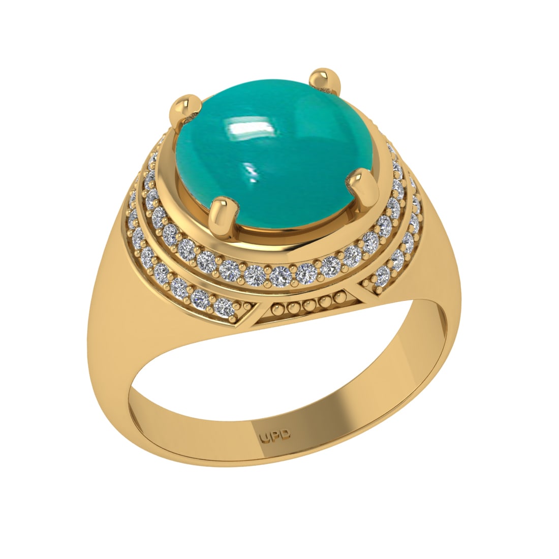 4.42 Ctw VS/SI1 Emerald and Diamond 14K Yellow Gold Engagement Ring: Color Stone Weight : 4.01 Ctw (Round Cab) Stone Color :- Emerald Center Stone Setting : Prong Side Weight Of Ctw 0.41 Ctw Color : J-K Clarity : VS/SI1 Stone Setting : Prong Metal Weight : Approx 10.20