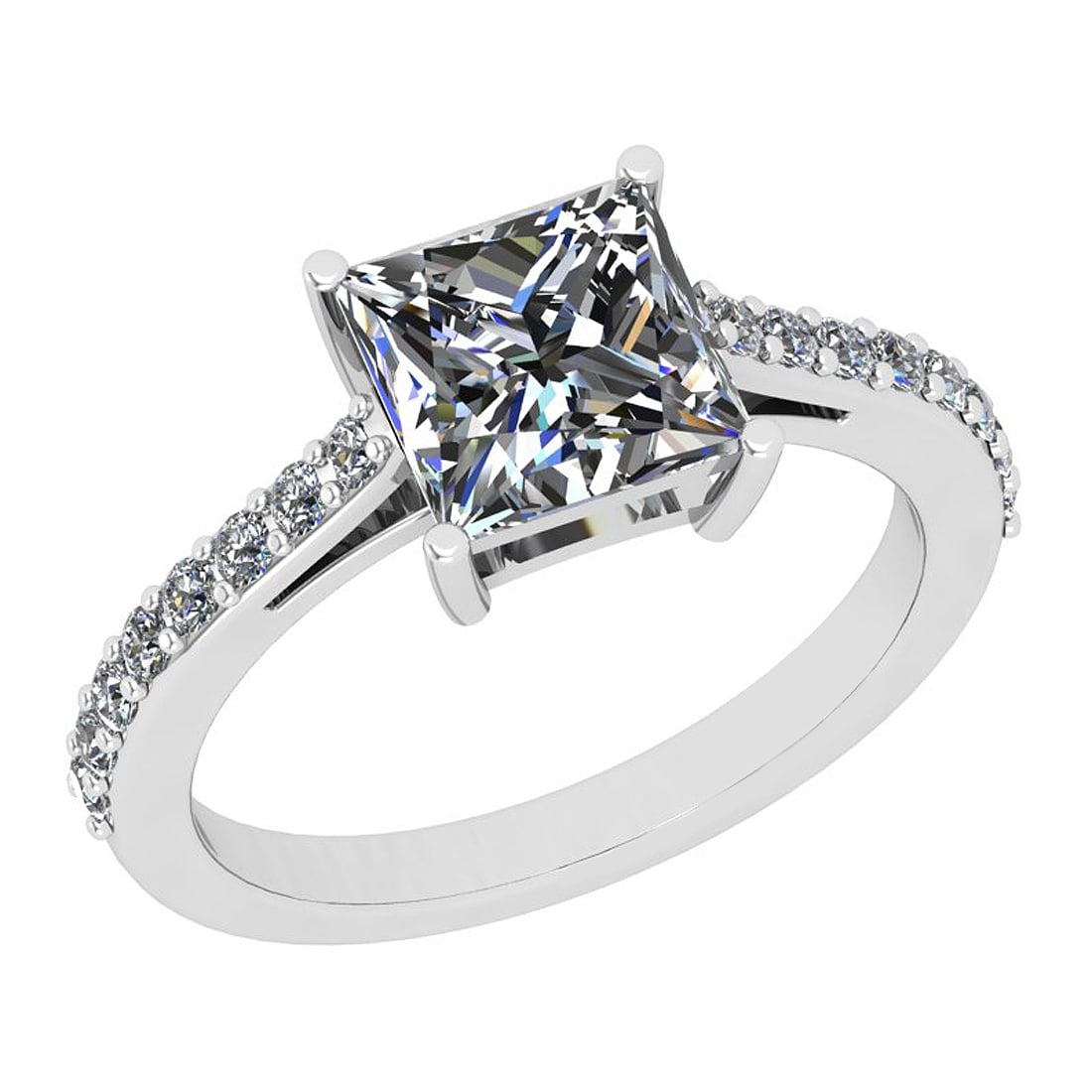 Certified 1.78 Ctw VS/SI1 Diamond 18K White Gold Promises Ring: Center Approx Weight: 1.50 Ctw (Princess Cut) Center Diamond Color: H-I Center Clarity: VS/SI1 Center Setting: Prong Side Stone 0.28 ctw Side Stone Color: H-I Side Stone Setting: Prong Side Stone Clar