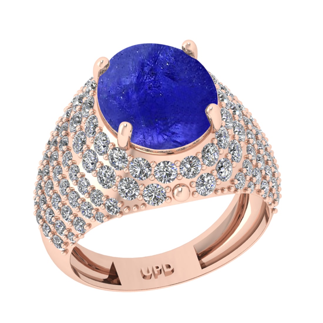 9.97 Ctw I2/I3 Tanaznite And Diamond 14K Rose Gold Engagement Ring: Center Stone Weight : 7.75 Ctw ( Oval Cab ) Center Stone Color : Tanaznite Stone Setting : Prong Side Diamond Weight Of Ctw2.22 Ctw Side Stone Color : J-K Stone Clarity : I2/I3 Stone Setting : Prong M