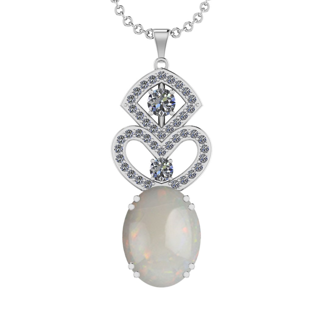 16.28 Ctw SI2/I1 Opal And Diamond 14K White Gold Pendant Necklace: Center Stone Weight : 14.50 Ctw ( Oval Cab ) Center Stone Color : Opal Stone Setting : Prong Side Diamond Weight Of Ctw 1.78 Ctw Side Stone Color : J-K Stone Clarity : SI2/I1 Stone Setting : Prong Met