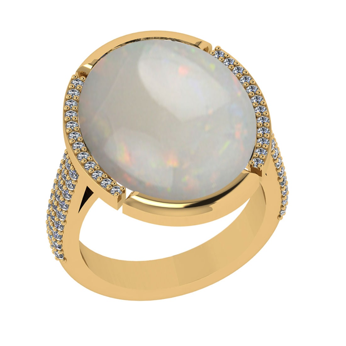 12.12 Ctw SI2/I1 Opal And Diamond 14K Yellow Gold Engagement Ring: Center Stone Weight : 11.66 Ctw ( Oval Cab ) Center Stone Color : Opal Stone Setting : Prong Side Diamond Weight Of Ctw 0.46 Ctw Side Stone Color : J-K Stone Clarity : SI2/I1 Stone Setting : Prong Met