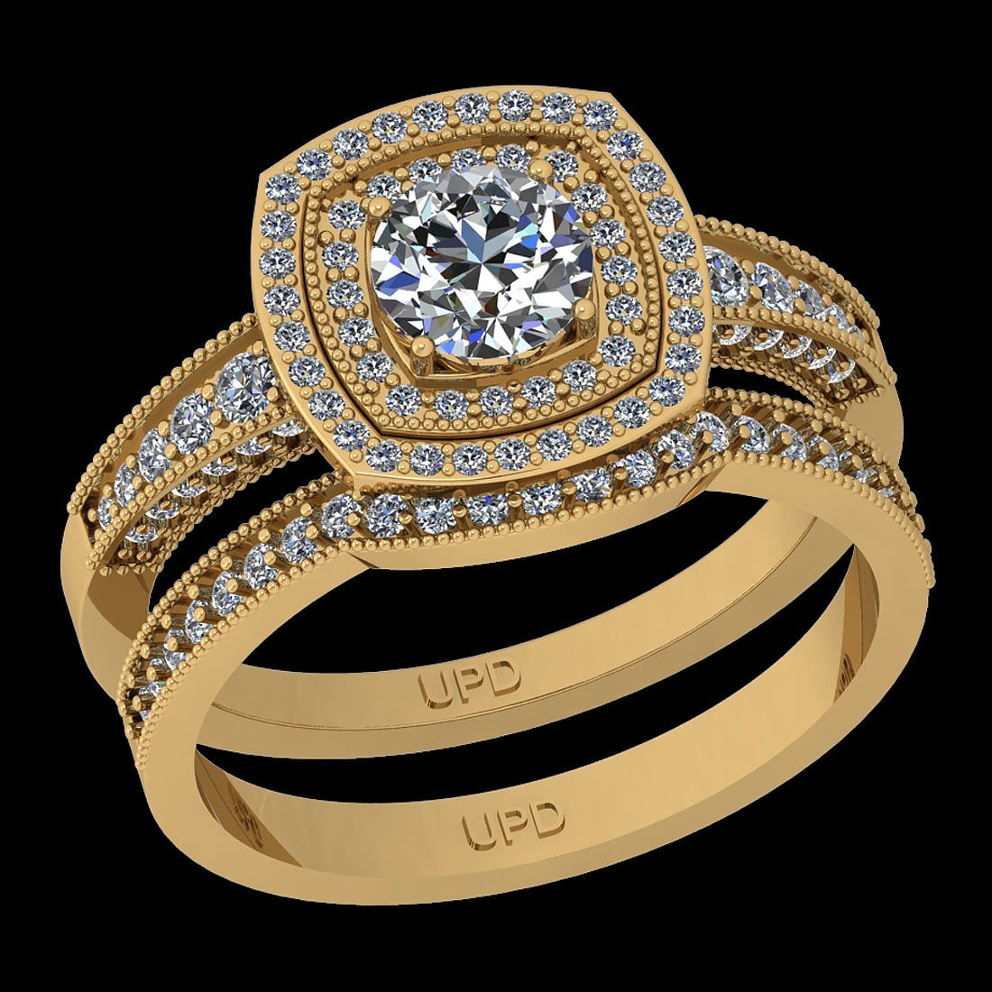 1.70 Ctw SI2/I1 Diamond 14K Yellow Gold Bridal Wedding Two Row Halo Set Rin: Center Diamond Weight : 0.85 Ctw (Round Cut) Center Diamond Color :-J-K Stone Clarity :SI2/I1 Center Stone Setting : Prong Side Stone Weight Of Ctw 0.85 Ctw Side Stone Color : J-K Stone Clarity :SI2/I