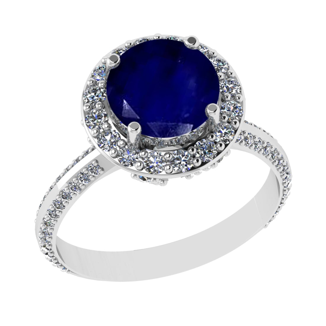 3.26 Ctw I2/I3 Blue Sapphire And Diamond 14K White Gold Engagement Ring: Center Stone Weight : 2.00 Ctw ( round Cut ) Center Stone Color : Blue Sapphire Stone Setting : Prong Side Diamond Weight Of Ctw 1.26 Ctw Side Stone Color : J-K Stone Clarity : SI2/I1 Stone Setting : 