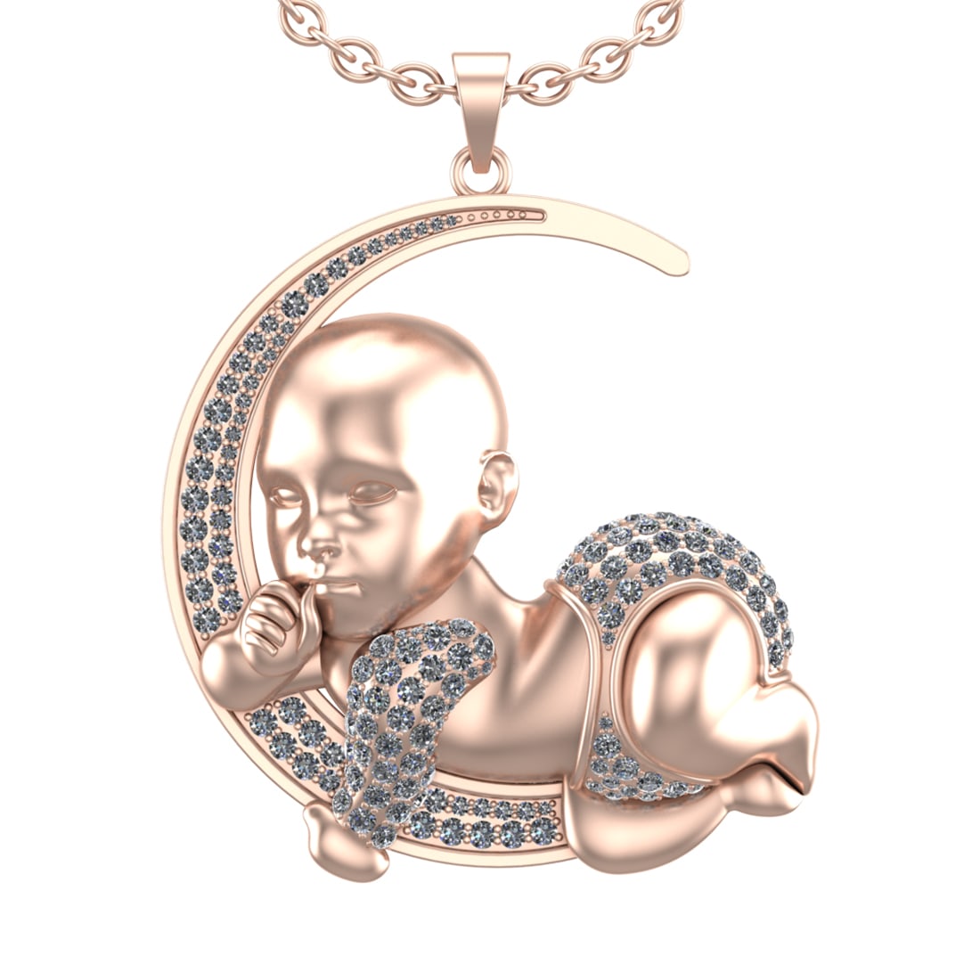 3.66 Ctw SI2/I1 Diamond 14K Rose Gold baby shower theme Pendant Necklace: Total Diamond Weight : 3.66 Ctw (Round Cut) Center Diamond Color :- J-K Center Clarity : SI2/I1 Stone Setting : Prong Metal Weight : Approx 82.80 Gram 14K Rose Gold baby shower theme Pendant Necklace 