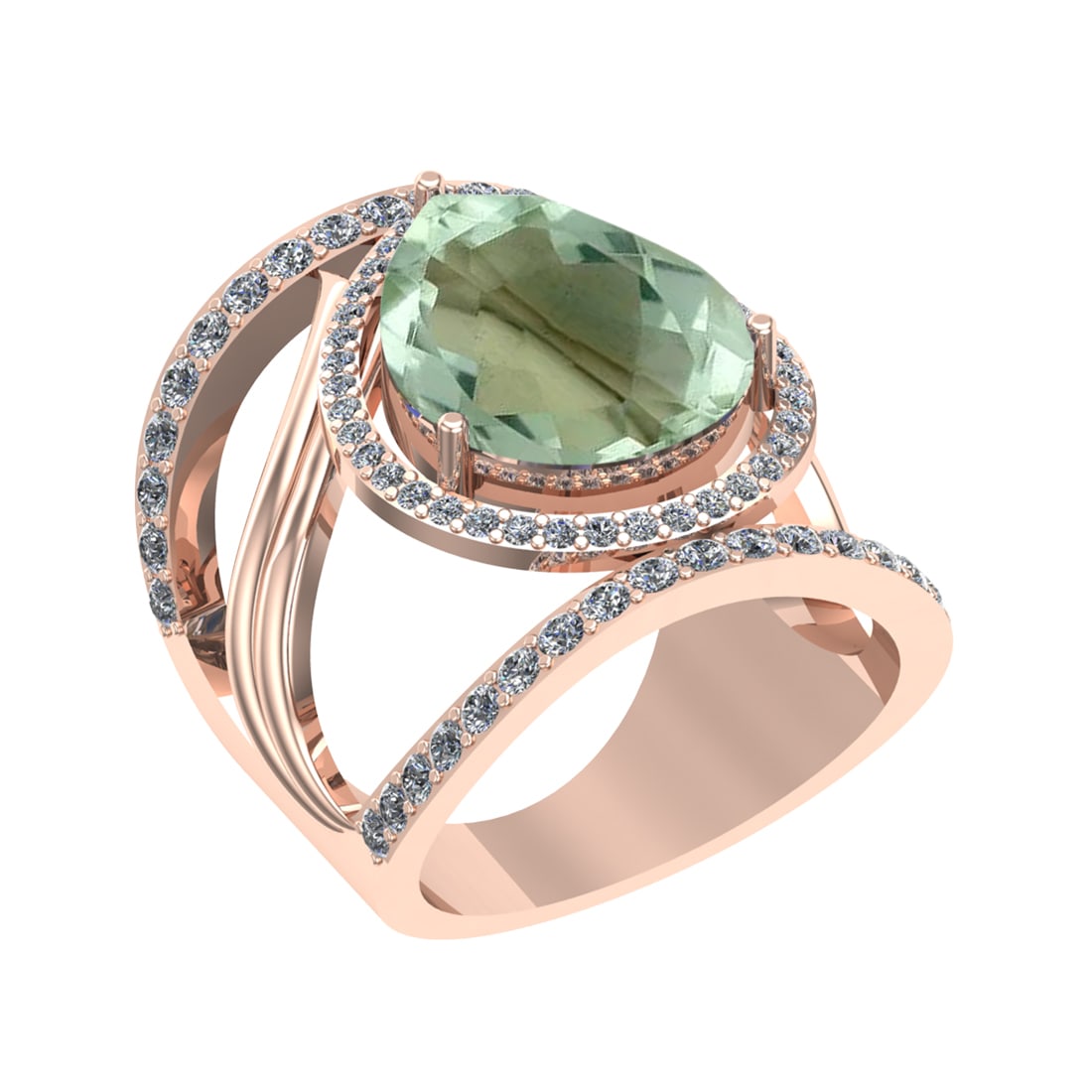 13.78 Ctw VS/SI1 Green Amethyst and Diamond 14k Rose Gold Engagement Ring: Center Stone Weight : 11.92 Ctw ( Oval Cut) Center Stone Color :-Green Amethyst Setting : Prong Side Weight Of Ctw 1.86 Ctw Color : J-K Clarity : VS/SI1 Stone Setting : Prong Metal Weight : Approx 17.