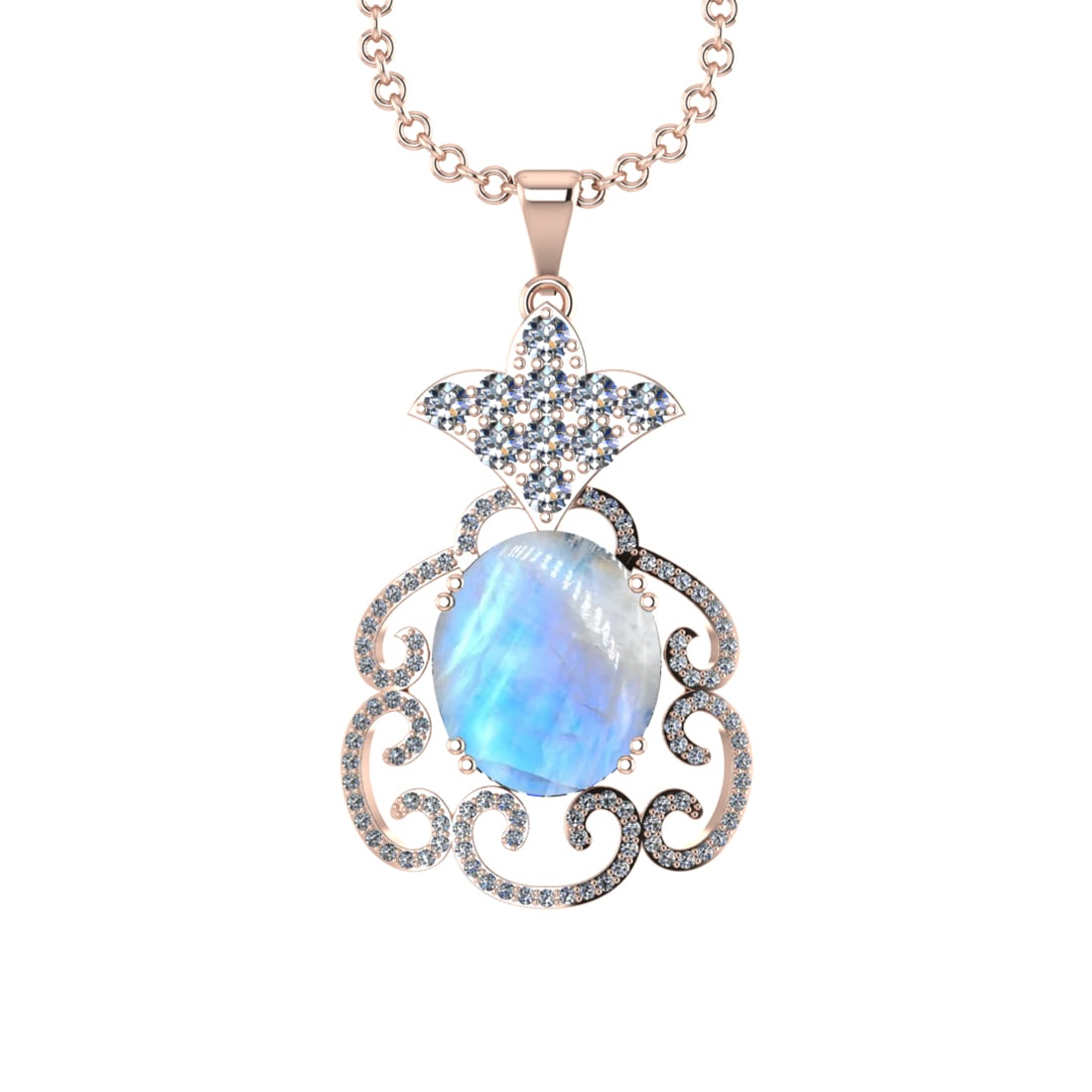 7.20 Ctw SI2/I1Rainbow Moonstone And Diamond 14K Rose Gold Pendant Necklace: Center Stone Weight : 5.30 Ctw ( Oval Cab ) Center Stone Color : Rainbow Moonstone Stone Setting : Prong Side Diamond Weight Of Ctw 1.90 Ctw Side Stone Color : J-K Stone Clarity : SI2/I1 Stone