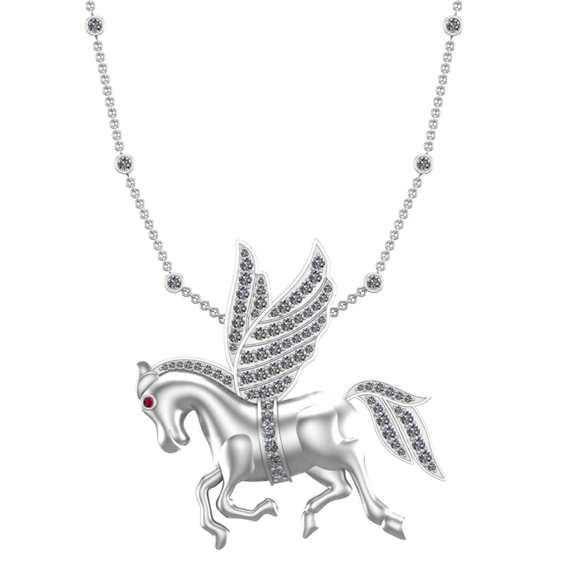 2.72 Ctw SI2/I1 Ruby and Diamond 14K White Gold Unicorn Pendant Necklace: Eye Stone Weight :-0.01 ctw Eye Stone Color :- Ruby Total Diamond Weight : 2.71 Ctw (Round Cut) Color : J-K Setting : Prong Stone Clarity :SI2/I1 Metal Weight : Approx 26.50 Gram 14K White Gold Unicor