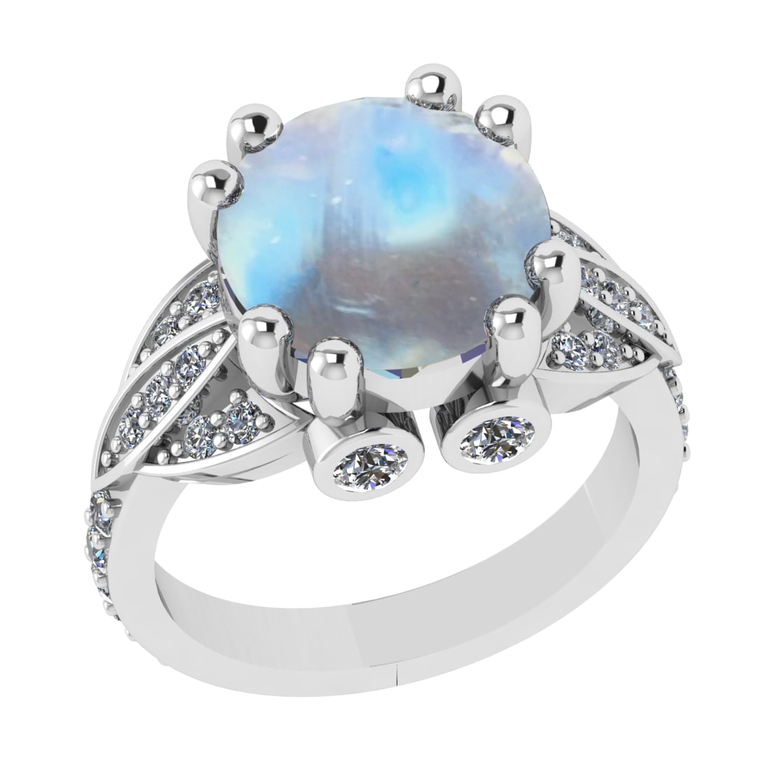 7.18 Ctw VS/SI1Rainbow and Diamond 14K White Gold Engagement Ring: Color Stone Weight : 6.46 Ctw (Round Cab) Stone Color :- Rainbow Center Stone Setting : Prong Side Weight Of Ctw 0.72 Ctw Color : J-K Clarity : VS/SI1 Stone Setting : Prong Metal Weight : Approx 7.90 