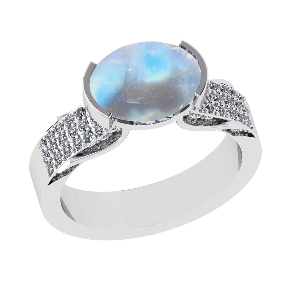5.83 Ctw VS/SI1Rainbow and Diamond 14K White Gold Engagement Ring: Color Stone Weight : 5.35 Ctw (Oval Cab) Stone Color :- Rainbow Center Stone Setting : Prong Side Weight Of Ctw 0.48 Ctw Color : J-K Clarity : VS/SI1 Stone Setting : Prong Metal Weight : Approx 6.10 g