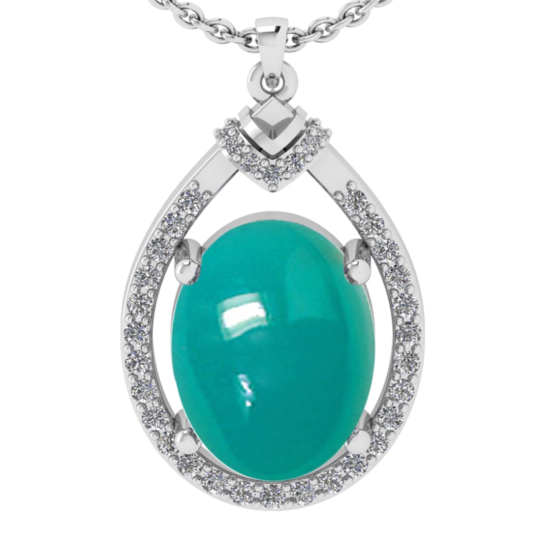 5.62 Ctw VS/SI1 Emerald and Diamond 14K White Gold Pendant: Color Stone Weight : 5.38 Ctw ( Oval Cab) Stone Color :- Emerald Center Stone Setting : Prong Side Weight Of Ctw 0.24 Ctw Color : J-K Clarity : VS/SI1 Stone Setting : Prong Metal Weight : Approx 3.50 
