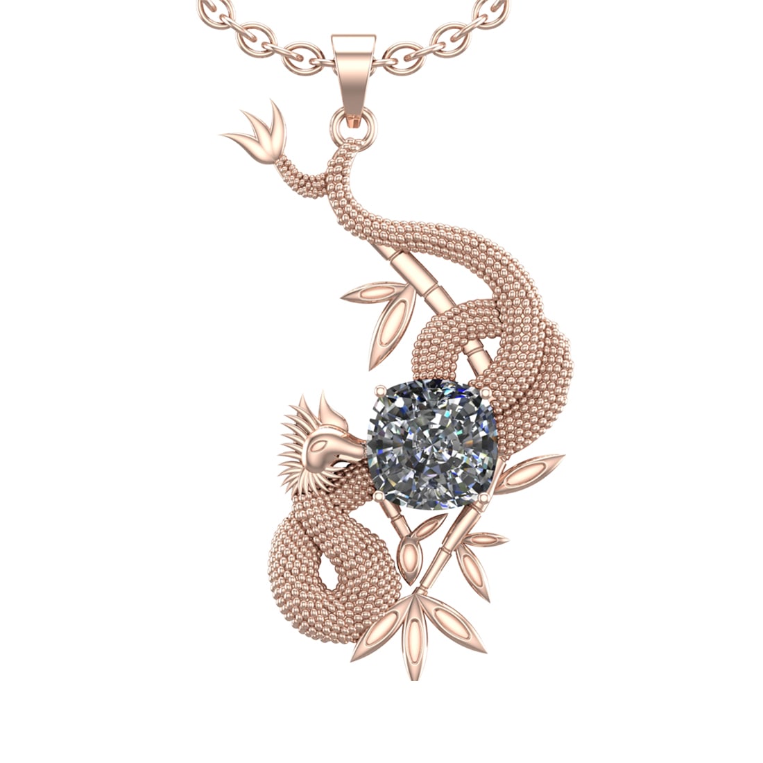 2.00 Ctw VS/SI1 Diamond Prong Set 18K Rose Gold Animal theme dragon Pendant: Total Diamond Weight : 2.00 Ctw (Cushion cut) Center Diamond Color :- J-K Center Clarity : VS/SI1 Stone Setting : Prong Metal Weight : Approx 23.70 Gram 18K Rose Gold Animal theme dragon Pendant Lengt