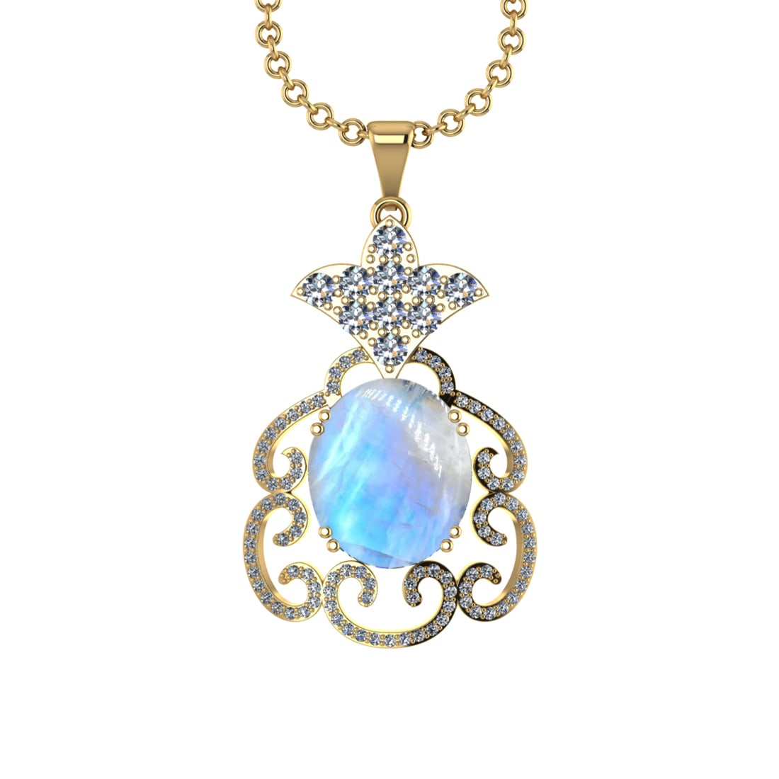 7.20 Ctw SI2/I1Rainbow Moonstone And Diamond 14K Yellow Gold Pendant Neckla: Center Stone Weight : 5.30 Ctw ( Oval Cab ) Center Stone Color : Rainbow Moonstone Stone Setting : Prong Side Diamond Weight Of Ctw 1.90 Ctw Side Stone Color : J-K Stone Clarity : SI2/I1 Stone Setting
