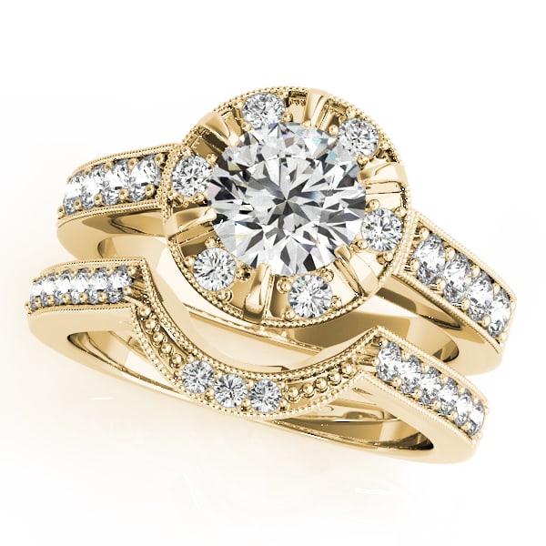 Certified 1.50 Ctw SI2/I1 Diamond 14K Yellow Gold Bridal Wedding Halo set R: Center Diamond Approx Weight: 1.00 Ctw (Round Cut) Center Color: J-K Center Stone Clarity: SI2/I1 Center Stone Setting: Prong Side Stone 0.50 Ctw Side Stone Color: J-K Stone Clarity: SI2/I1 Stone Sett