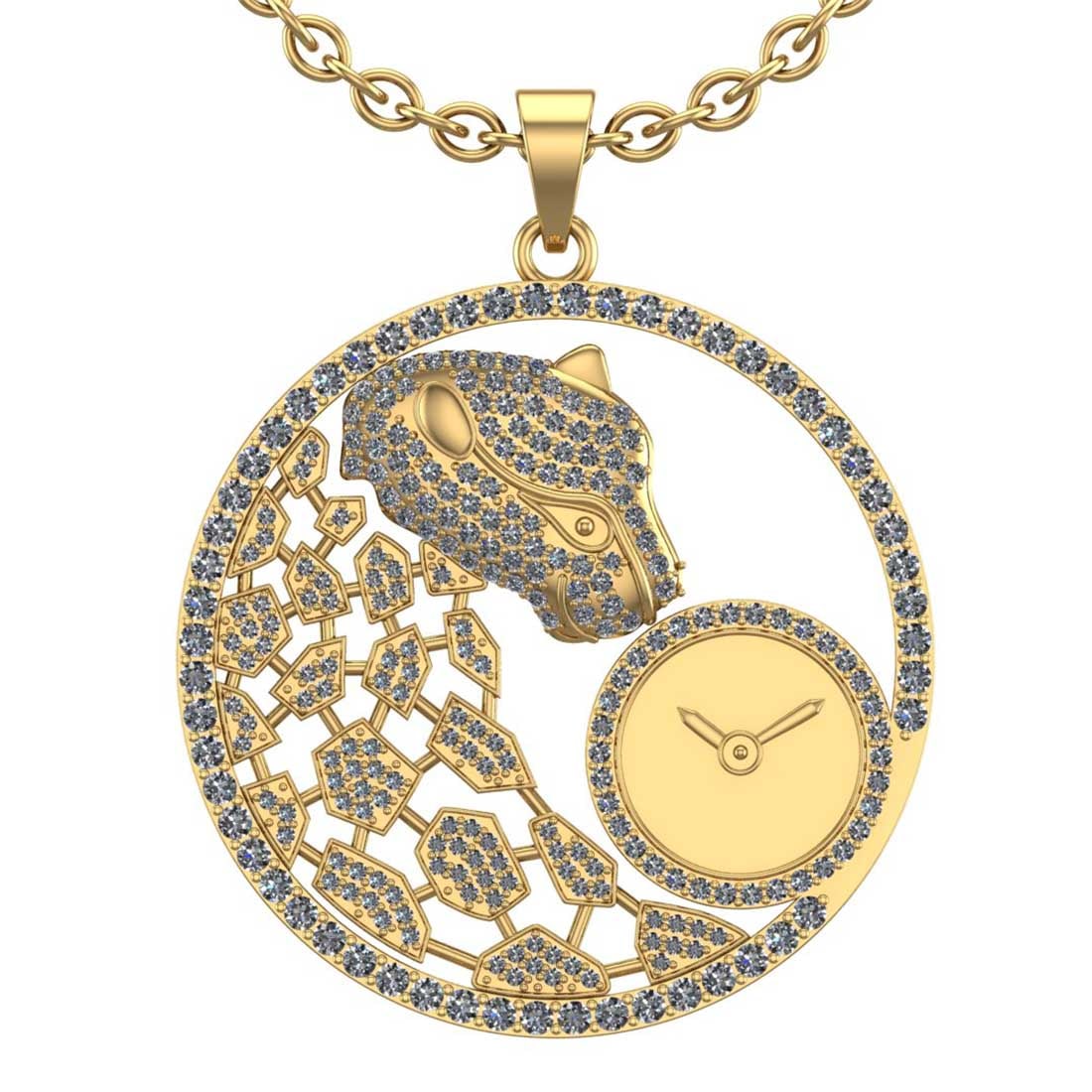 2.85 Ctw SI2/I1Diamond 14K Yellow Gold Panther Pendant Necklace: Total Diamond Weight : 2.85 Ctw (Round cut) Center Diamond Color :- J-K Center Clarity : SI2/I1 Stone Setting : Prong Metal Weight : Approx 29.50 Gram 14K Yellow Gold Panther Pendant Necklace Length :