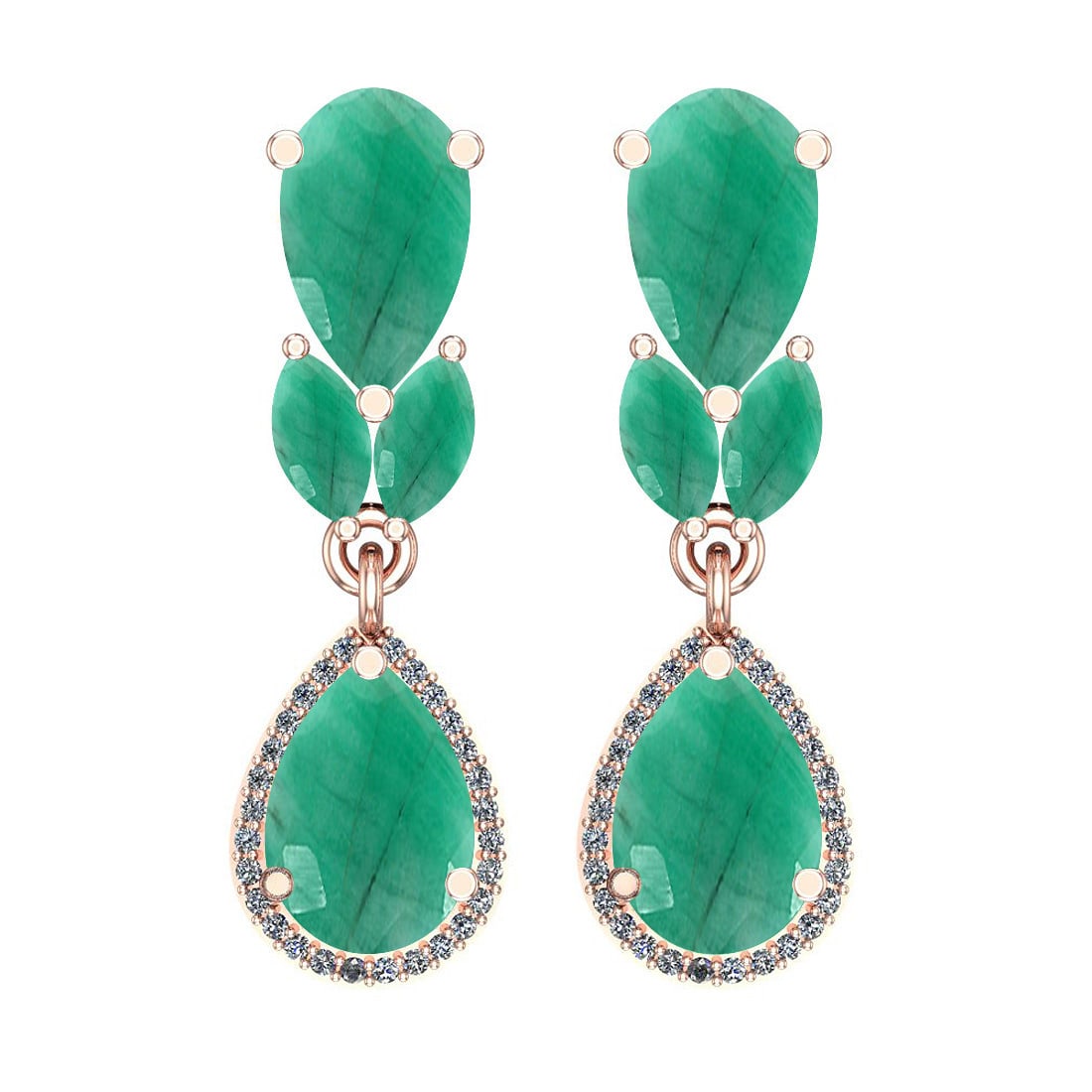 6.79 Ctw VS/SI1 Emerald And Diamond 14K Rose Gold Dangling Earrings: Center Stone Weight: 6.50 Ctw Pear& Marquise Cut Center Stone Color: Emerald Center Stone Setting: Prong Side Stone 0.29 Ctw Side Stone Color: J-K Stone Clarity: VS/SI1 Stone Setting: Prong Metal Weig