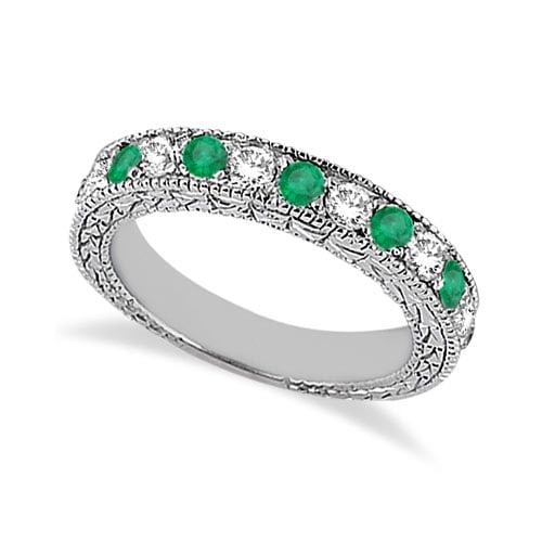 Antique style Diamond and Emerald Wedding Ring 14kt White Gold 1.03ctw: CENTER STONE 0.50 Ctw ; Emerald,Diamond CENTER STONE CLARITY; Eye Clean#SI1-SI2 CENTER STONE COLOR; Green,J-K CENTER STONE SETTING; Pave,Pave SIDE STONE CLARITY; SIDE STONE COLOR; SIDE STONE SETTING; 