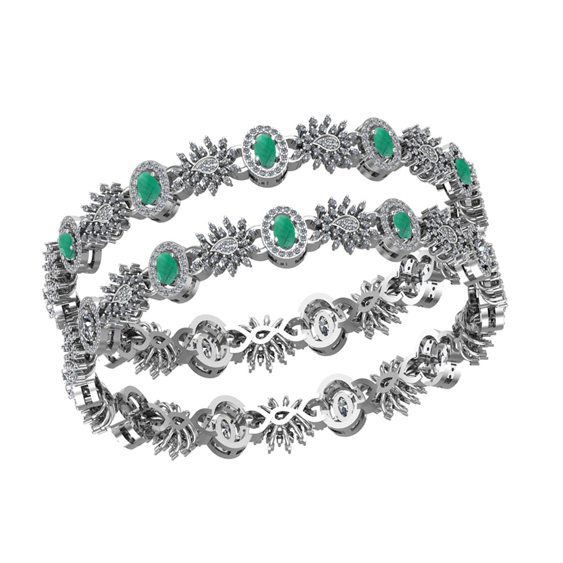 10.28 Ctw SI2/I1 Emerald And Diamond 14K White Gold Bangle: Center Stone Weight : 5.50 Ctw ( Oval Cut ) Center Stone Color : Emerald Center Stone Setting : Prong Side Stone Weight Of Ctw 4.78 Ctw Side Stone Color : White J-K Diamond Stone Clarity : SI2/I1 Ston