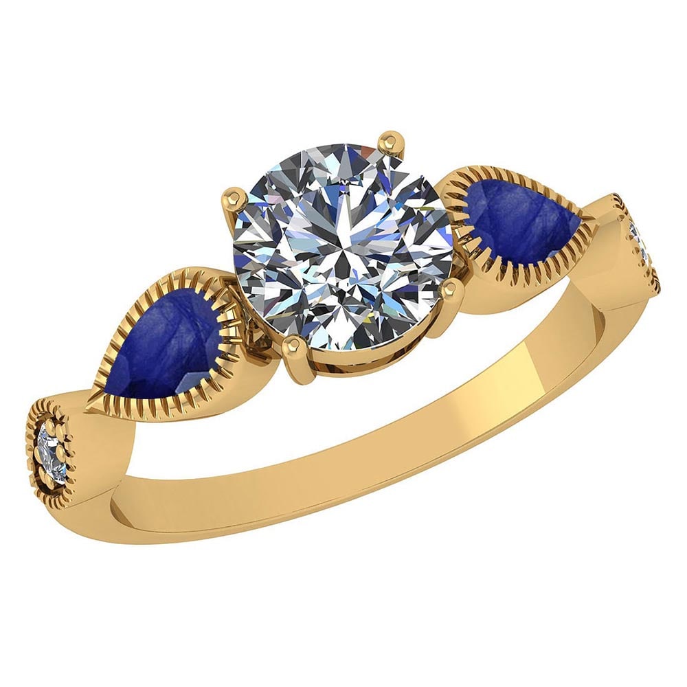 Certified 1.81 Ctw Blue Sapphire And Diamond Wedding/Engagement Style 18K Y: Center Stone Approx Weight ; 1.25 Ctw (1 Pcs Round) Center Stone Color: White G-H Diamond Stone Clarity: SI2/I1 Center Stone Setting ; Prong Side Stone Weight: 0.56 Ctw (2 Pcs Pear & 2Pcs Round Cut Di