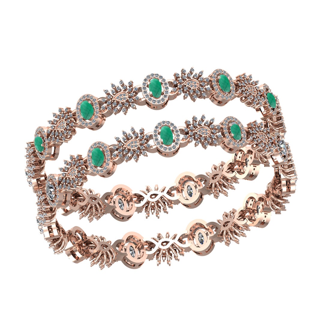 10.28 Ctw SI2/I1 Emerald And Diamond 14K Rose Gold Bangle: Center Stone Weight : 5.50 Ctw ( Oval Cut ) Center Stone Color : Emerald Center Stone Setting : Prong Side Stone Weight Of Ctw 4.78 Ctw Side Stone Color : White J-K Diamond Stone Clarity : SI2/I1 Ston