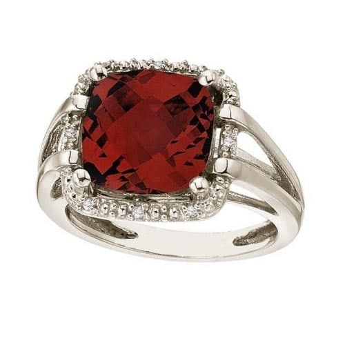 Cushion-Cut Garnet and Diamond Cocktail Ring 14k White Gold 8.05ctwtw: CENTER STONE; Garnet CENTER STONE CLARITY; CENTER STONE COLOR; CENTER STONE SETTING; Prong SIDE STONE CLARITY; SI SIDE STONE COLOR; I-J SIDE STONE SETTING; Prong ctw OF SIDE STONE: 0.05 SIDE STONE QUA