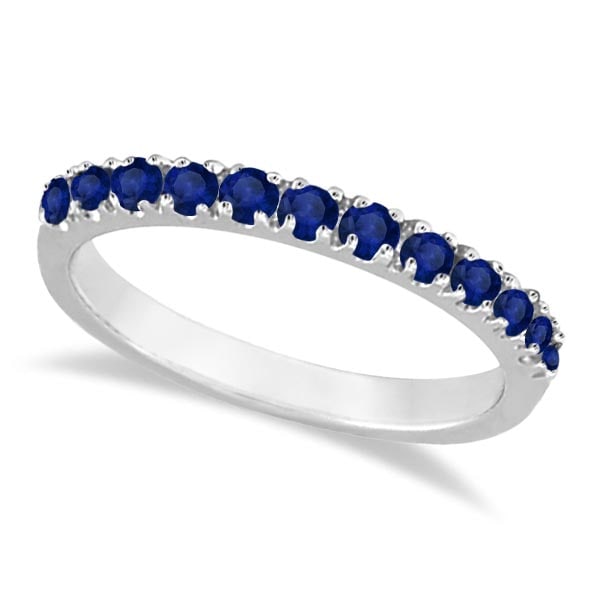 Blue Sapphire Stackable Ring/ Anniversary Band in 14k White Gold: CENTER STONE; Sapphire CENTER STONE CLARITY; CENTER STONE COLOR; Blue CENTER STONE SETTING; Prong SIDE STONE CLARITY; SIDE STONE COLOR; SIDE STONE SETTING; 0.40 ctw OF SIDE STONE: SIDE STONE QUALITY; 