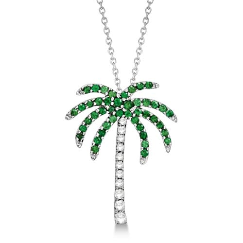 Tsavorite and Diamond Palm Tree Necklace 14k White Gold 0.50ctw: CENTER STONE; Tsavorite CENTER STONE CLARITY; CENTER STONE COLOR; Green CENTER STONE SETTING; Prong SIDE STONE CLARITY; SI1-SI2 SIDE STONE COLOR; J-K SIDE STONE SETTING; Prong ctw OF SIDE STONE: 0.08 