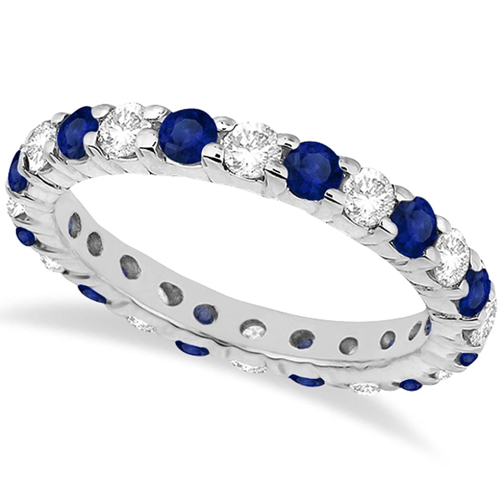 Eternity Diamond and Blue Sapphire Ring Band 14k White Gold 2.35ctw: CENTER STONE; Sapphire CENTER STONE CLARITY; CENTER STONE COLOR; Blue CENTER STONE SETTING; Prong SIDE STONE CLARITY; SI SIDE STONE COLOR; J-K SIDE STONE SETTING; Prong ctw OF SIDE STONE: 1 SIDE STONE