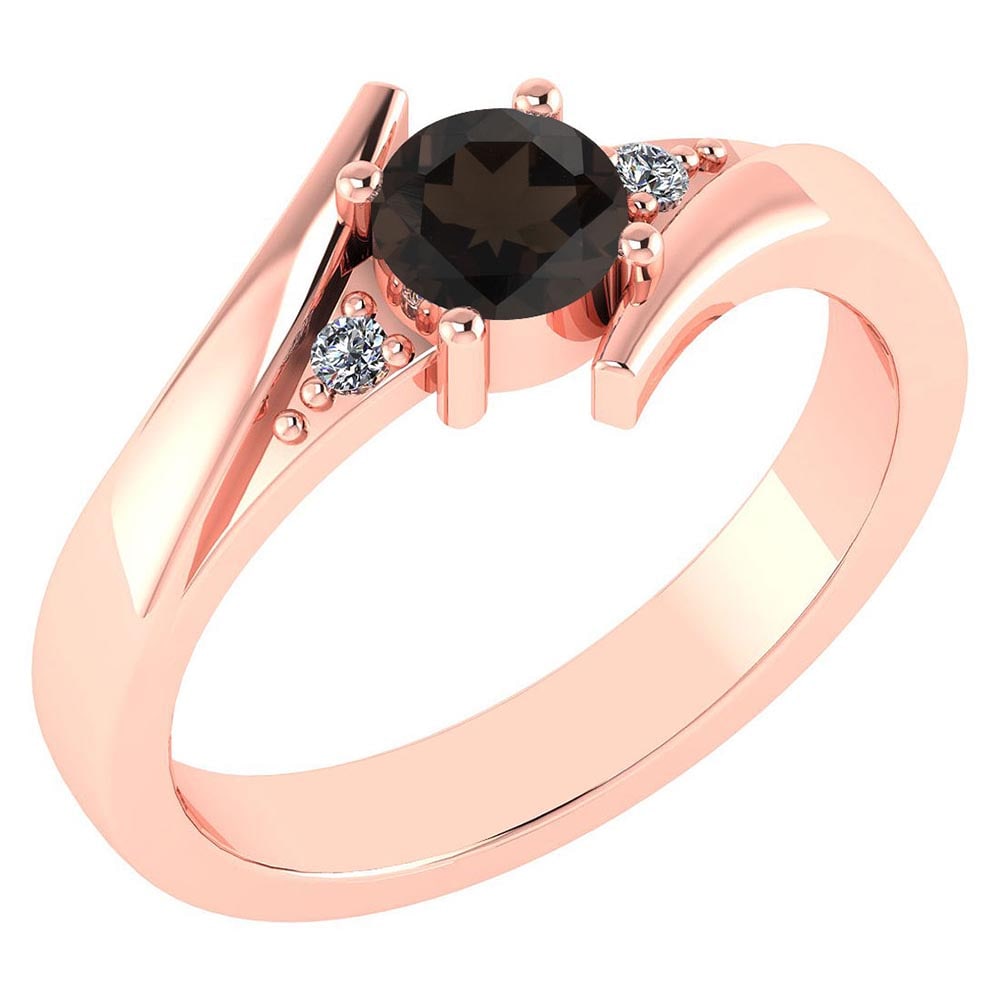Certified 0.48 Ctw Smoky Quarzt And Diamond 14k Rose Gold Ring: Center Stone Weight ; 0.45 Ctw (1 Pcs Round) Center Stone Color: Smoky Quarzt Center Stone Setting ; Prong Side Stone (1.6 mm 2Pcs Round Diamond) 0.03 ctw Side Stone Color: White G-H Diamond Side Ston