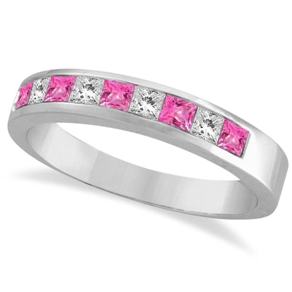 Princess Channel-Set Diamond and Pink Sapphire Ring Band 14k White Gold: CENTER STONE; Sapphire CENTER STONE CLARITY; CENTER STONE COLOR; Pink CENTER STONE SETTING; Channel SIDE STONE CLARITY; SI SIDE STONE COLOR; J-K SIDE STONE SETTING; Channel ctw OF SIDE STONE: 0.23 SID