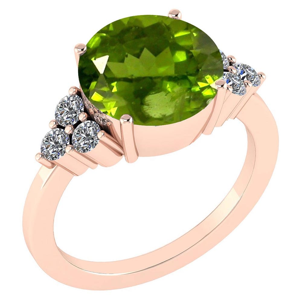 Certified 3.60 Ctw Peridot And Diamond VS/SI1 Ring 14K Rose Gold MADE IN US: Center Stone Approx Weight ; 3.00 Ctw (1 Pcs Round) Center Stone Color: Peridot Center Stone Setting ; Prong Side Stone (6 Pcs Round Cut Diamond VS/SI1) 0.60 ctw Side Stone Color: White G-H Diamond VS