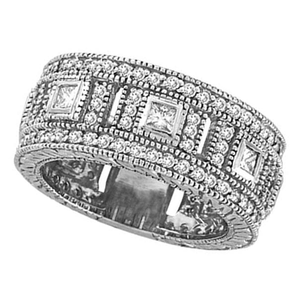 Round and Princess Eternity Diamond Byzantine Ring 14k White Gold 1.72ctw: CENTER STONE; Diamond CENTER STONE CLARITY; SI CENTER STONE COLOR; J-K CENTER STONE SETTING; Bezel SIDE STONE CLARITY; SI SIDE STONE COLOR; J-K SIDE STONE SETTING; Prong ctw OF SIDE STONE: 1.23 SIDE S