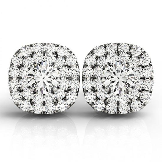 Round Cut Double Cushion Halo Stud Earrings 14k White Gold 1.50ctw: CENTER STONE; Diamond CENTER STONE CLARITY; SI1-SI2 CENTER STONE COLOR; J-K CENTER STONE SETTING; Prong SIDE STONE CLARITY; SI1-SI2 SIDE STONE COLOR; J-K SIDE STONE SETTING; Prong ctw OF SIDE STONE: 0
