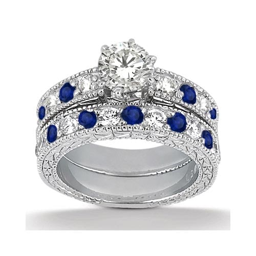 Antique style Diamond and Blue Sapphire Bridal Set platinum 1.80ctw: CENTER STONE 1.00 CTW; Sapphire,Diamond CENTER STONE CLARITY; Eye Clean#SI1-SI2 CENTER STONE COLOR; Blue,J-K CENTER STONE SETTING; Pave,Pave SIDE STONE CLARITY; SIDE STONE COLOR; SIDE STONE SETTING; 0