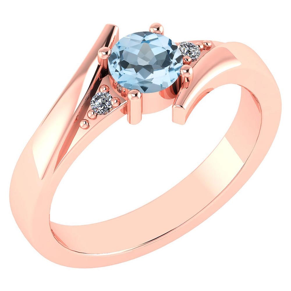 Certified 0.48 Ctw Aquamarine And Diamond 14k Rose Gold Ring: Center Stone Weight ; 0.45 Ctw (1 Pcs Round) Center Stone Color: Aquamarine Center Stone Setting ; Prong Side Stone (1.6 mm 2Pcs Round Diamond) 0.03 ctw Side Stone Color: White G-H Diamond Side Stone 